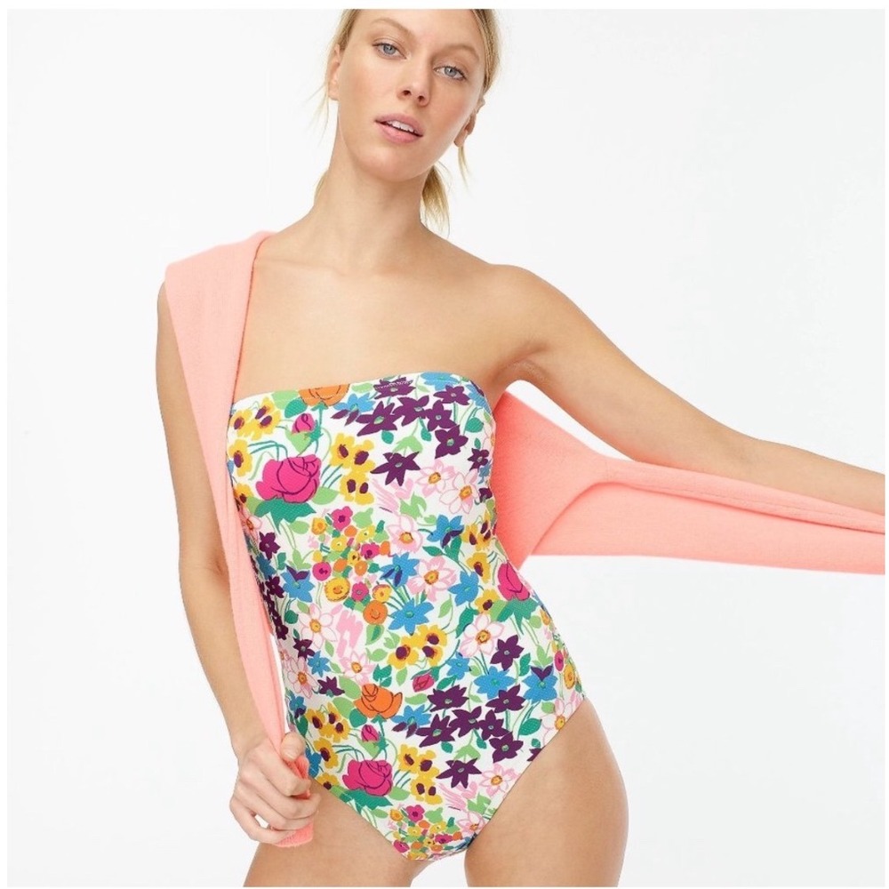 J.Crew Bandeau One Piece Swimsuit Floral Strapless Multi Color Seersucker sz 6